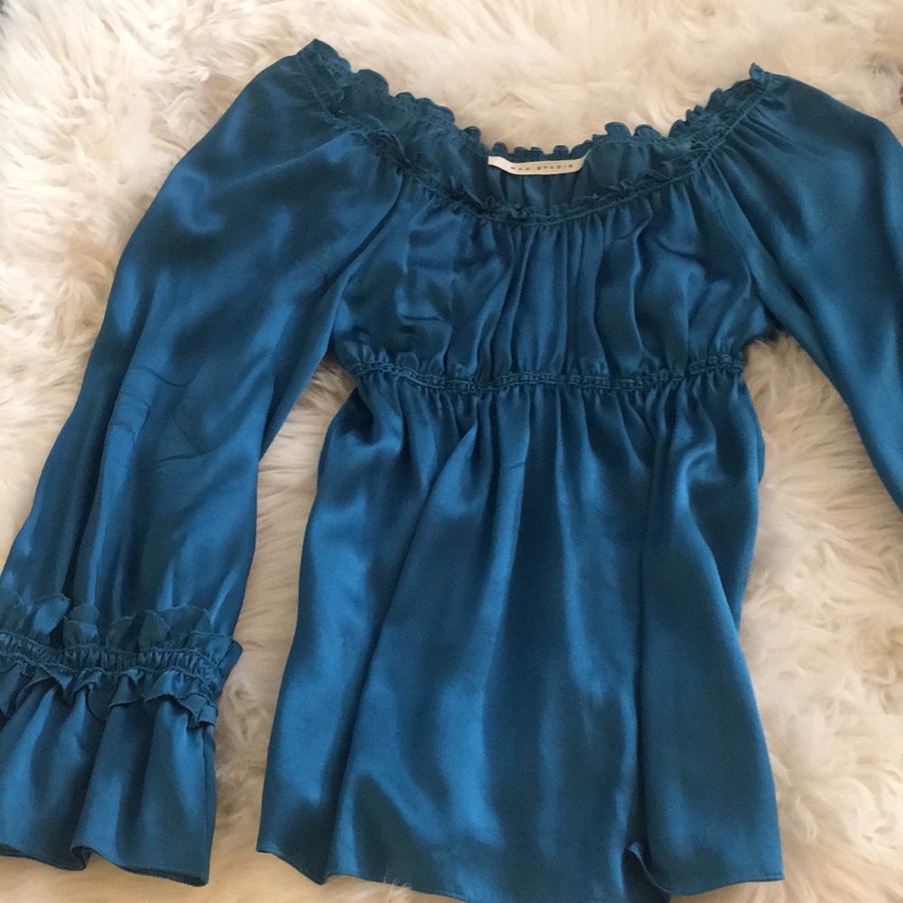 Silk peasant off shoulder blouse BLUE
